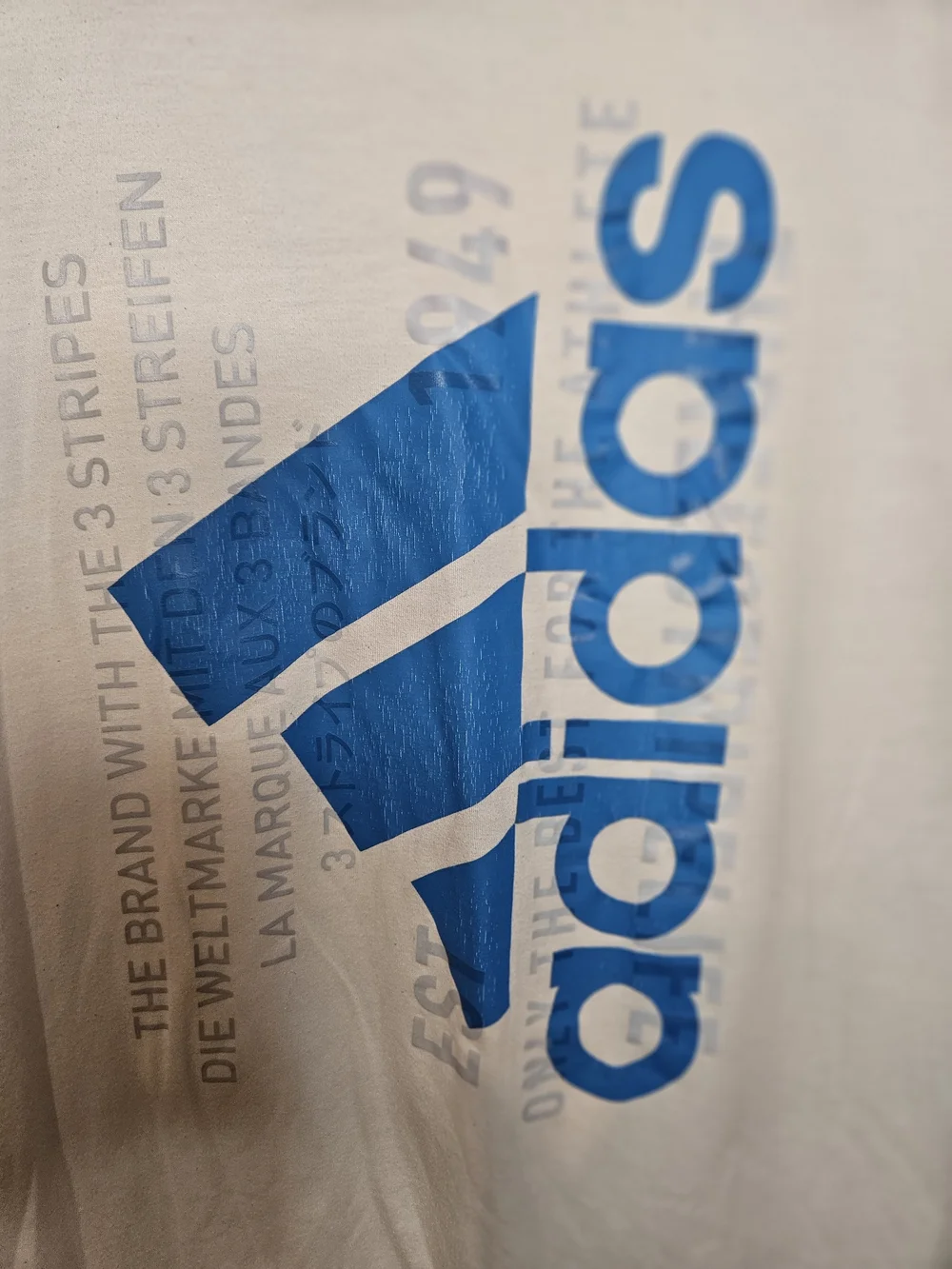 Adidas Men's White Graphic Logo T-Shirt with Blue Print